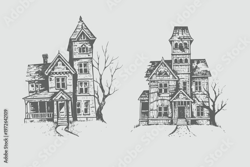 haunted house Halloween in Vintage Engraving Style vector illustration. Realistic haunted house vintage stippling photocopy effect. Abstract Rustic Spirit Sketch