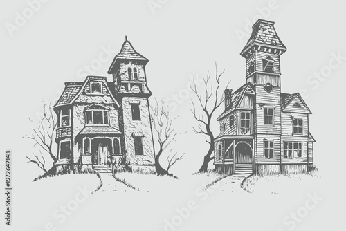 haunted house Halloween in Vintage Engraving Style vector illustration. Realistic haunted house vintage stippling photocopy effect. Abstract Rustic Spirit Sketch