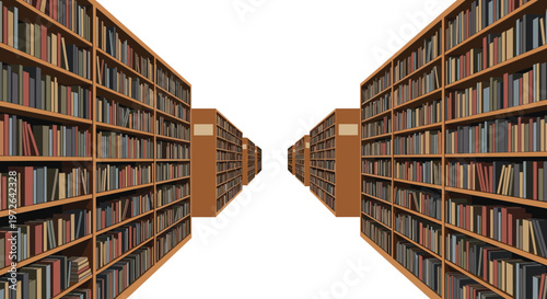 A dramatic perspective view captures long aisles of towering wooden bookshelves packed with diverse literary volumes stretching toward a vanishing point.