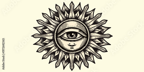 Intricate sunburst design featuring a central eye and subtle facial features