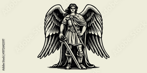 Vintage illustration of a winged warrior angel with a sword