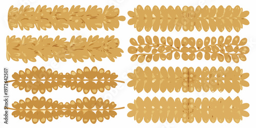 Assorted types of pasta arranged in neat rows on a white background