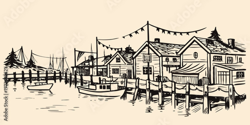 A quaint harbor scene with sketched buildings boats and a wooden pier