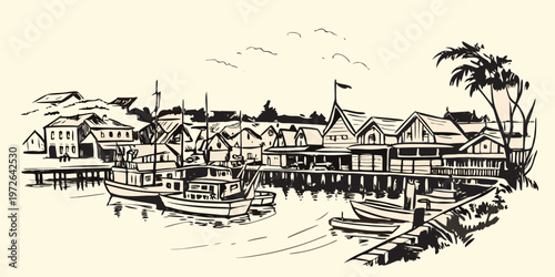 Sketch of a quaint coastal town with boats docked along a waterway