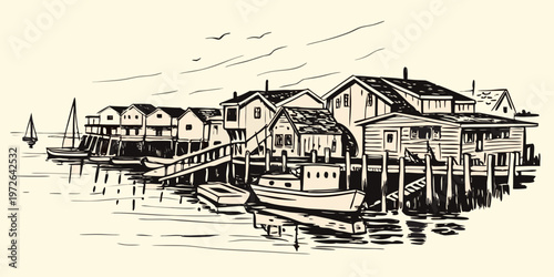 Sketch of a quaint coastal town with buildings on stilts and boats