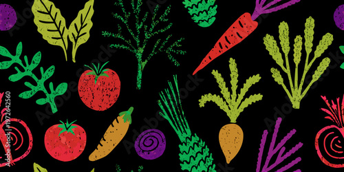 Colorful hand drawn vegetables and foliage on a black background pattern