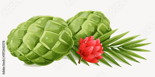 Two cherimoya fruits with leaves and a small red flower arrangement