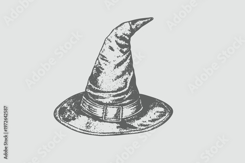 Halloween witch hat in vintage Engraving Style. Abstract Rustic Spirit Sketch witch hat vector illustration.