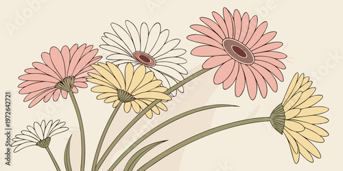 A colorful bouquet of gerbera daisies in a stylized illustration