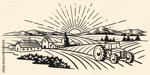 A vintage style illustration of a rural landscape with a tractor and farm