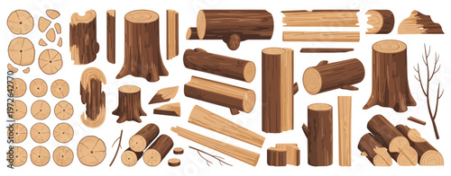 Cartoon wooden timbers vector set, tree logs and trunks, chopped firewood, stacked planks, and woodwork bars, clean illustrations of natural forest construction materials isolated for design projects.