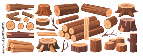Wood logs and planks illustration collection, cartoon style tree trunks, firewood stacks, timber beams, and wooden elements, perfect for construction, carpentry, and nature-themed graphics.