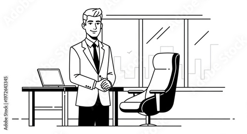 Businessman Standing Confidently Beside Office Chair.