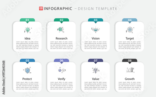 Timeline Creator infographic template. 8 Step timeline journey, calendar Flat simple infographics design template. presentation graph. Business concept with 8 options, gantt vector illustration.