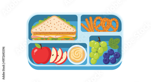 A well-organized blue lunch tray features a large ham and cheese sandwich alongside fresh red apples, green grapes, blueberries, and salty pretzel snacks.