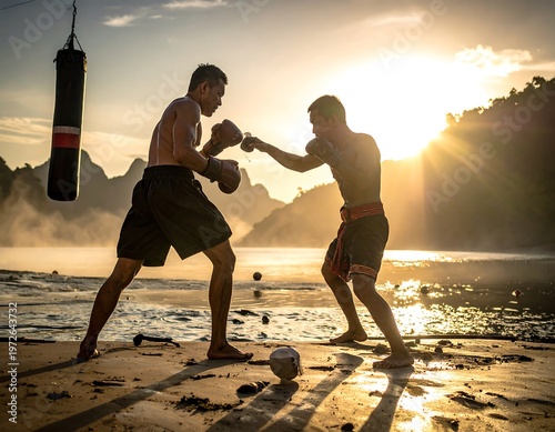 Two shirtless men spar boxing near lake, mountains and sunset in background