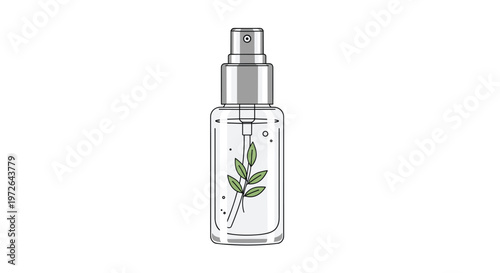 A sleek and transparent glass spray bottle contains a clear liquid and a fresh green botanical sprig against a bright and minimalist white background.
