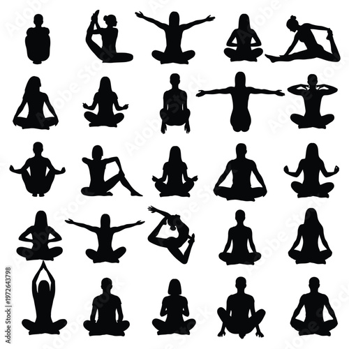 Meditation and yoga silhouette collection showing multiple seated and standing postures.
