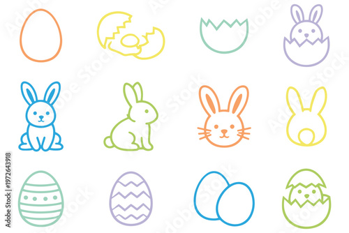 Easter Outline Icon Set – Easter Egg, Cute Bunny Rabbit, Hatching Chick, Decorated Egg Thin Line Vector Icons for Spring Holiday, Kids, Greeting Card, UI Design. rabbit, decorated eggs, a basket, card