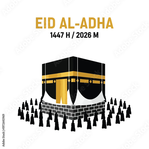 Stylized vector artwork depicting the revered Kaaba monument, encircled by abstract figures performing a spiritual ritual, embodying profound devotion and festive commemoration