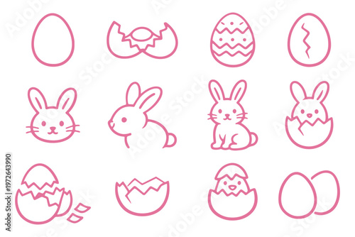 Vector Silhouette Set of Easter Symbols Bunny Rabbit Egg and Basket with Eggs. Easter Line Icon Set – Easter Egg, Cute Bunny Rabbit, Cracked Egg, Hatching Egg Thin Outline Vector Icons for Spring Holi
