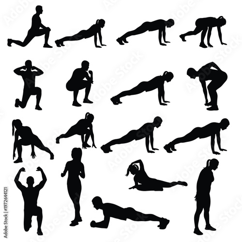 Workout exercise silhouettes collection featuring pushups planks lunges and bodyweight move.
