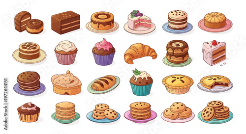 Assorted baked goods and desserts on plates and trays  variety of sweet treats