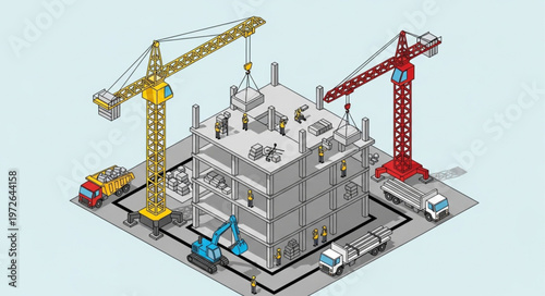 Concrete Building Under Construction With Tower Cranes.