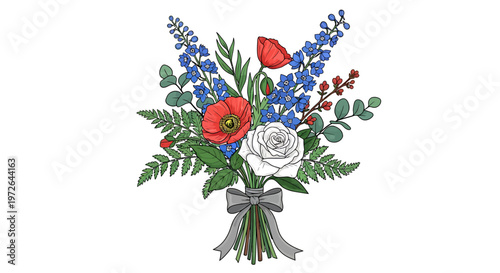 Beautiful bouquet of flowers with red poppies blue forgetmenots and white rose