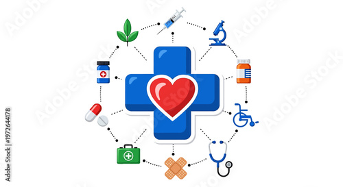 Medical healthcare and wellness symbols surrounding a blue cross with a red heart