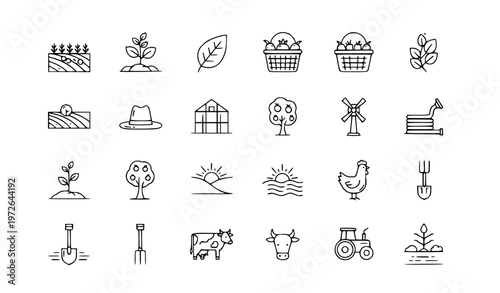 Agriculture and Landscape Editable Stroke Line Icons with Farm Tools Animals Crops and Nature Elements