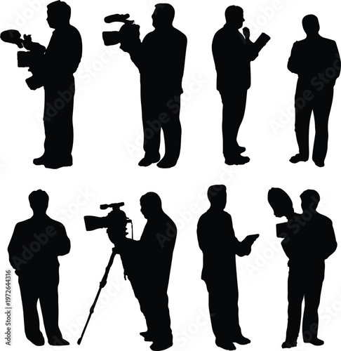 Several black silhouettes of professional television crew members including cameramen and reporters performing their daily broadcast tasks while standing against a plain white studio background