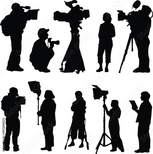 Professional film crew silhouettes working with video cameras tripods and lighting equipment to capture high quality footage for television production and cinema projects on white background