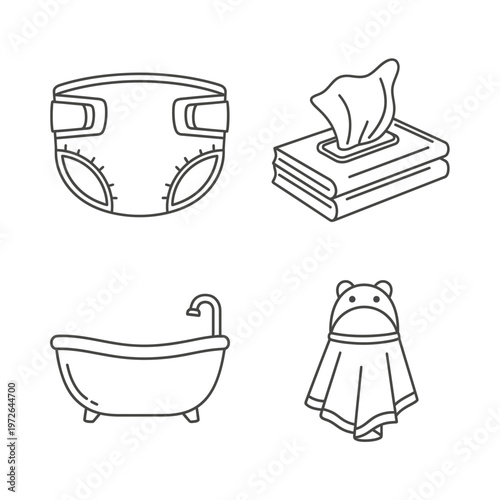 Baby Care Line Art Icons Set: Diaper, Wipes, Bathtub, and Hooded Towel