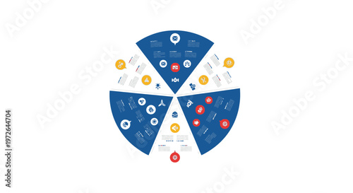 Circular infographic with icons and text on blue background, business concept