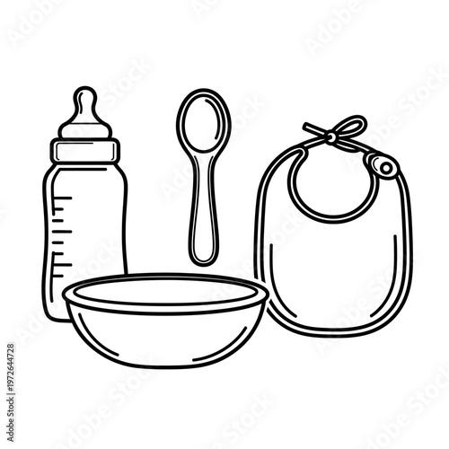Baby Feeding Essentials Line Art Set with Bottle, Spoon, Bowl, and Bib