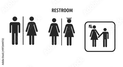 Diverse pictogram set illustrating public facility access and gender identity, promoting inclusivity through varied restroom signage designs