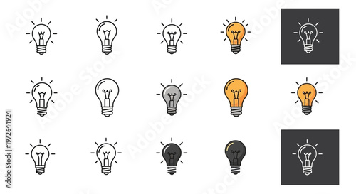 A versatile collection of creative lightbulb icons, symbolizing brilliant ideas, innovative thinking, and problem-solving inspiration, presented in various design styles