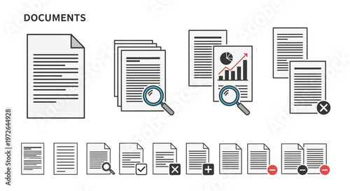 Comprehensive vector icon set for document management and file operations, showcasing tasks like creating, searching, analyzing, and organizing digital paperwork for business administration