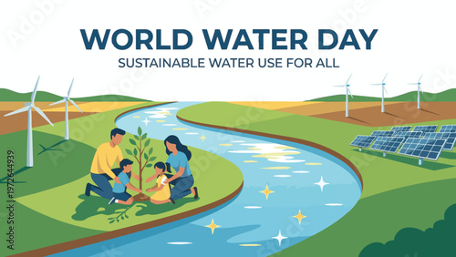 World Water Day Family Planting Tree by River Illustration