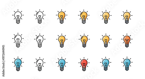 Collection of illuminated light bulbs in various colors and styles, symbolizing creativity, ideas, and innovation