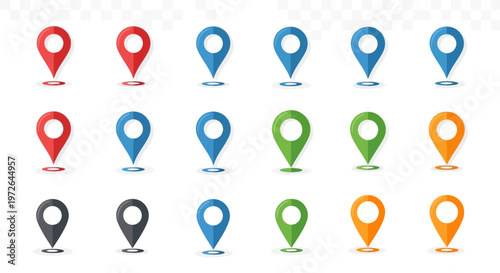 A collection of colorful location pins or map markers in various shades of red, blue, green, orange, and grey, designed for navigation and pinpointing places on a map