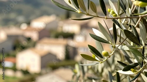 Olive branch with unripe fruit hanging in front of a rural village. Mediterranean seasonal agriculture and harvest concept. Sunny landscape for nature background.