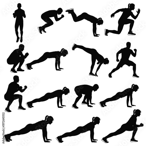 Male and female workout silhouettes performing various exercises in gym or outdoor fitness.