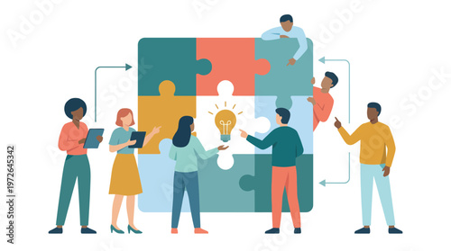 Diverse team collaborating on a puzzle with a lightbulb in the center, representing ideas.