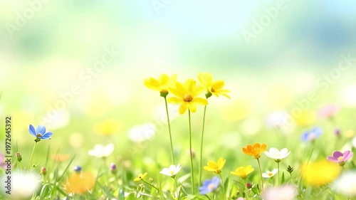 Colorful wildflowers blooming in a summer meadow. Sunlit field with yellow and blue blossoms under a bright sky. Natural floral landscape for seasonal design.