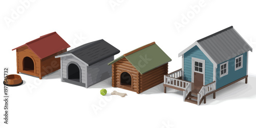 Dog house illustration collection, isometric vector graphics showing various styles of dog homes with toys, bowls, and outdoor elements, ideal for pet-themed apps, games, and educational materials.