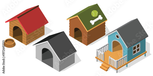 Isometric dog houses vector set, collection of diverse dog house designs with accessories like food bowls and toys, perfect for pet care, veterinary, and playful design projects.