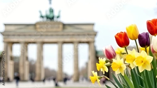 Colorful tulips and daffodils blooming in front of the landmark monument in Berlin. Spring flower bouquet with historic architecture in the background. Travel.