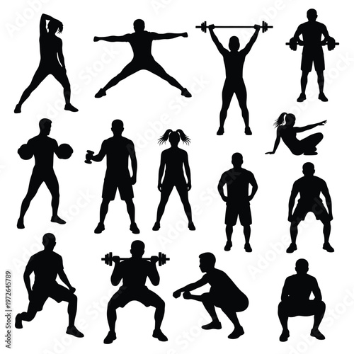 Athletic silhouettes showing various gym exercises and fitness poses on transparent background.